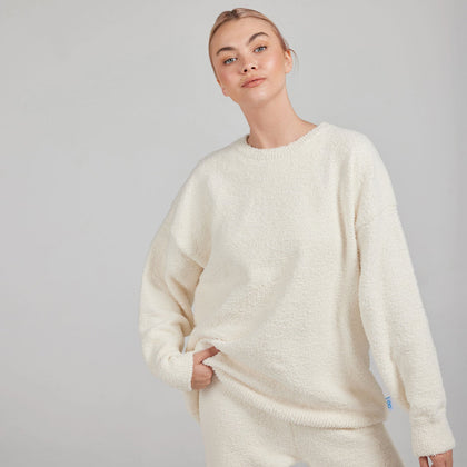 Ivory Boucle Knit Crew Neck Sweater