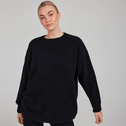 Black Boucle Knit Crew Neck Sweater